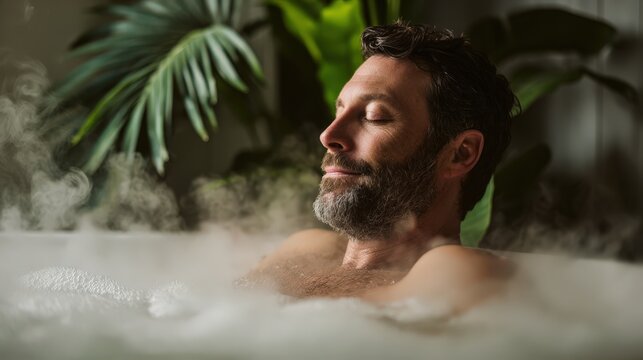 Man enjoys a tranquil bubble bath at a modern wellness retreat amidst soothing steam and green plants. Self care. 