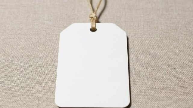 A white tag hangs from a light brown string on a tan burlap background