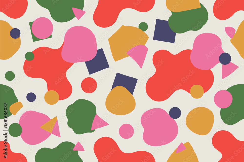 Poster a playful and colorful pattern featuring abstract shapes on a light background in a modern style