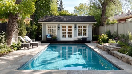 Serene backyard oasis featuring a swimming pool surrounded by lush greenery and a cozy cabana.