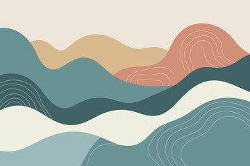 Naklejka premium Contemporary earth tone abstract landscape art features organic wavy shapes in soft color palette creating a serene and modern aesthetic.