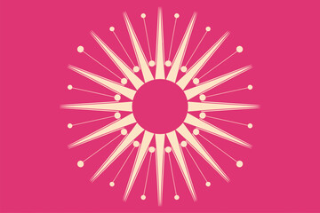 Illustration of a circular starburst design with rays and spheres on a pink background pattern design