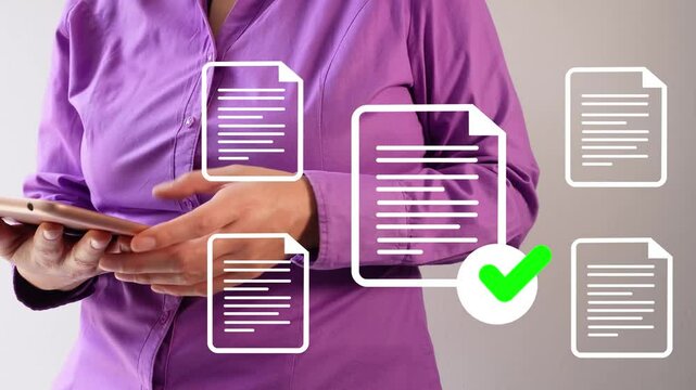 A businesswoman holding a tablet and pointing at another person's virtual document with a checkmark. Authorized documents concept.