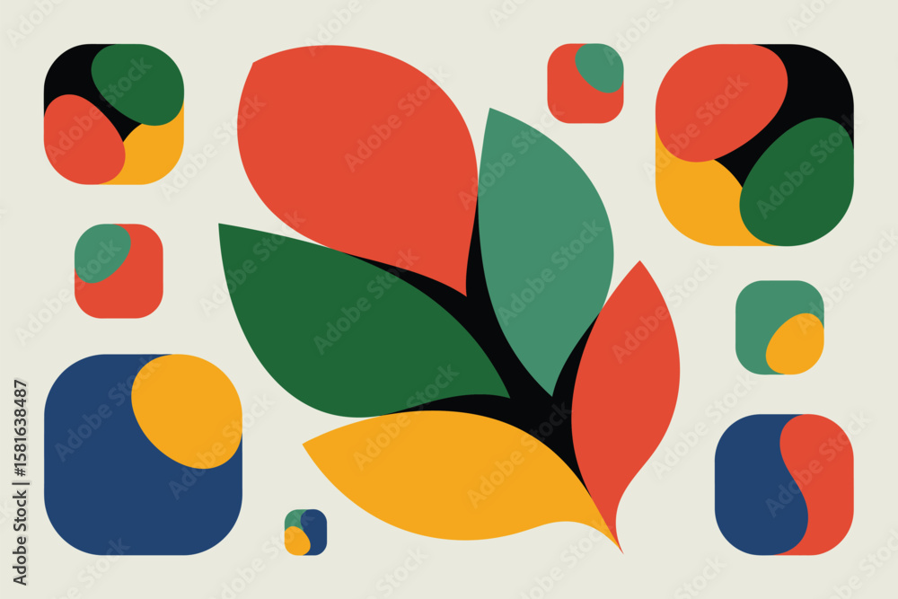 Aufkleber a colorful abstract design featuring leaves and rounded squares on a light beige background art styl
