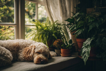 a dog sleeping on a windowsill with soft curtain light and houseplants