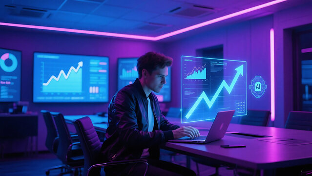 Man working on laptop with futuristic ai interface in neon lit office with data graphs on screens