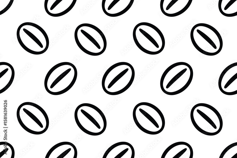 Poster a repetitive pattern of black coffee bean outlines on a plain white background in a seamless design 
