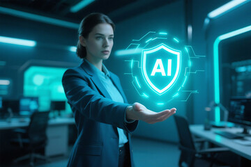 Woman in suit holding ai shield hologram in futuristic office environment with computers visible