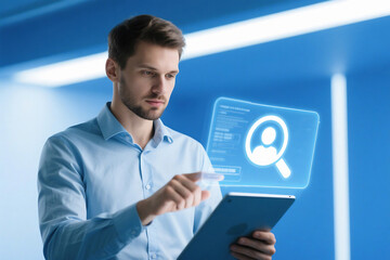 Man in blue shirt using tablet with search icon on screen in a blue modern looking environment