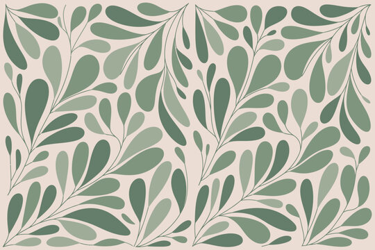 Elegant sage green leaves create a flowing, botanical pattern on a beige background for a nature inspired design.