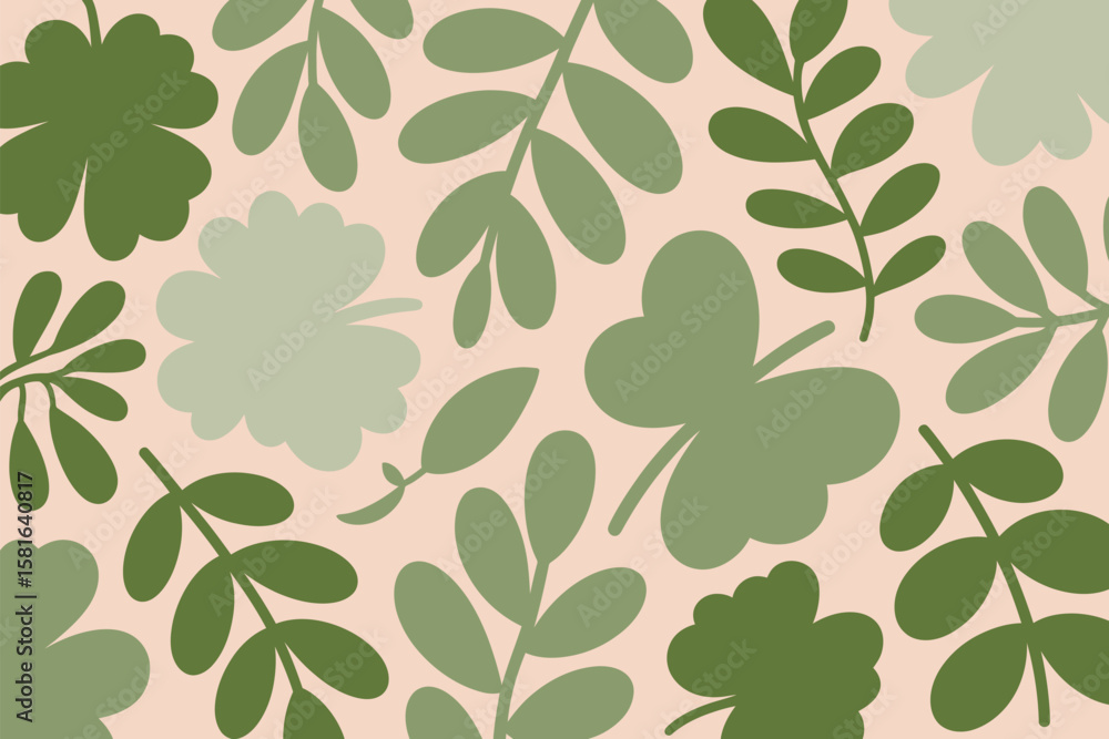 Poster light pink background is adorned with various green leaves, creating a refreshing botanical pattern 