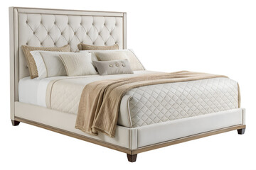 Comfortable bed with blanket and headboard modern style, isolated on transparent background, PNG file