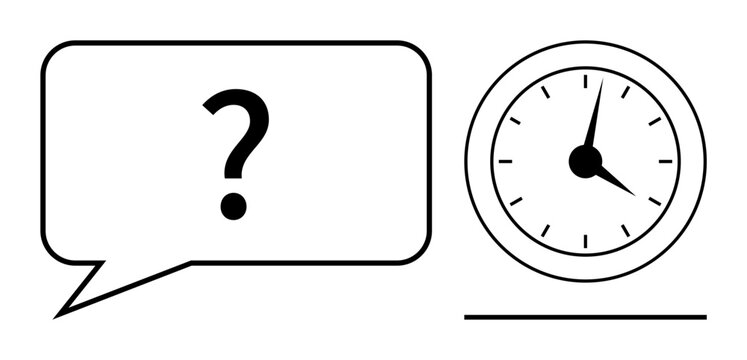 Large question mark in speech bubble near analog clock with clear hour markings. Ideal for time planning, decision-making, problem-solving, deadlines, productivity, urgency, scheduling. Simple flat