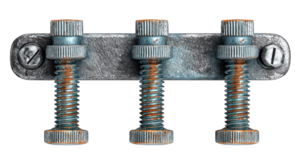 Three rusty bolts on metal bar, weathered texture visible