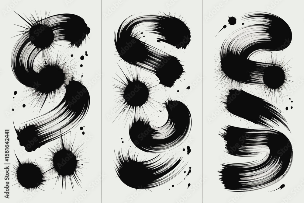 Poster bold black ink brush strokes and splatters offer dynamic abstract expressions in a triptych on a whi