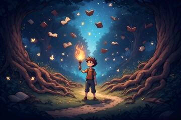 A young boy holding a torch, exploring a magical forest filled with floating books and glowing lights.