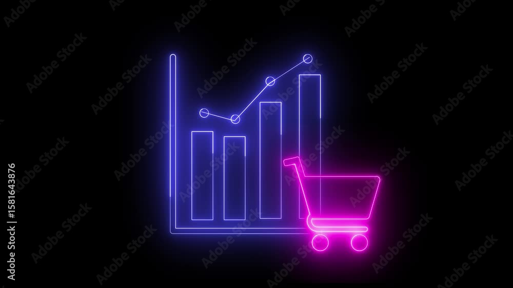 Poster neon light effect animation of a bar and dot graph icon with a shopping cart, black background