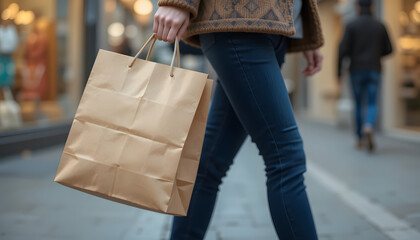 Close-up of Woman Walking with Shopping Bag – Lifestyle Shopping Scene for Branding