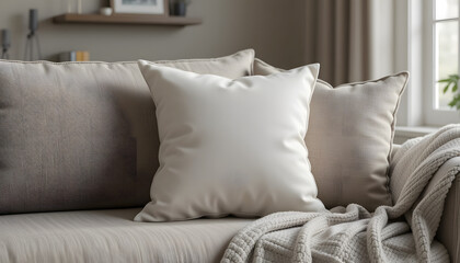Minimal White Throw Pillow on Neutral Sofa – Elegant Home Decor Product Mockup