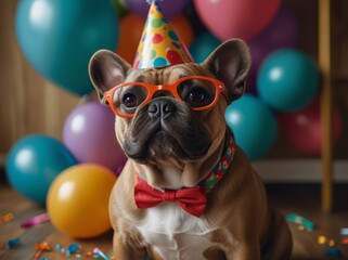 Bulldog wearing birthday hat and glasses with balloons in party