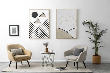 Living room interior showcasing modern art prints above comfortable armchairs and a stylish coffee table enhancing home decor