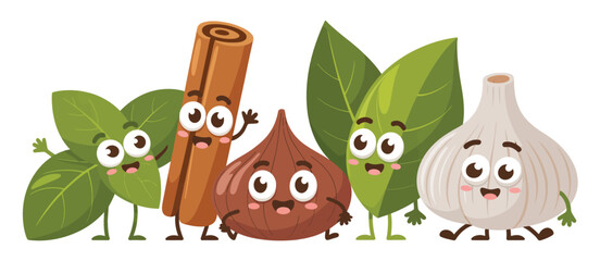 Cute cartoon characters of basil leaves cinnamon stick shallot bay leaves and garlic