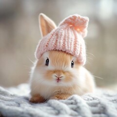 Adorable Baby Bunny in an Easter Hat: Soft Lighting and Gentle Colors Highlight the Fluffy Fur of a Cute Rabbit in a Sweet Springtime Scene – Ideal for Easter Decor, Cards, and Children’s Art