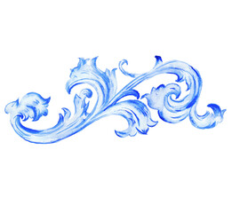 Watercolor blue ornament on white. Watercolour vintage illustration.