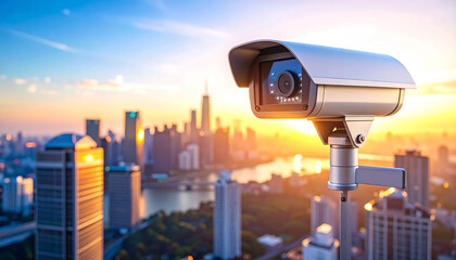 Security System Sentinel: An advanced security camera surveys a modern city skyline, offering a panoramic view, capturing the spirit of vigilance, technology, and urban security.