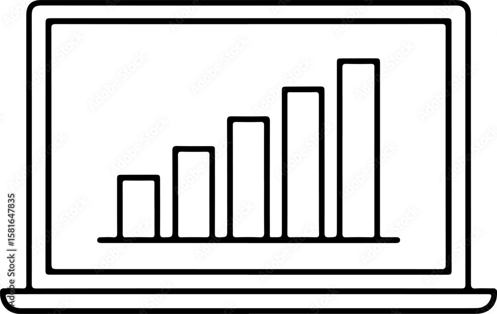 Poster laptop screen displaying a simple bar graph with increasing bars representing growth
