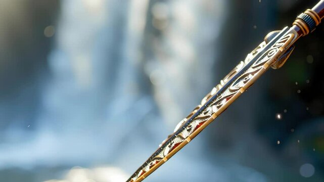 Spearhead Craftsmanship Shines in Sunlight by Waterfall, Celebrating Indigenous Culture and Territory with Intricate Design Elements