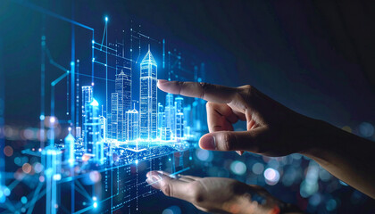 Fototapeta premium Technological Blueprint of Urbanity: A mesmerizing high-angle shot captures a futuristic concept of urban development, with digital city renderings held between two hands.