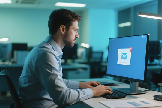 Man working at a computer with a new email notification in a modern office environment setting late at night