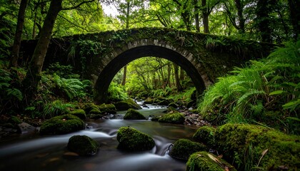 A mossy stone arch bridge over a flowing stream