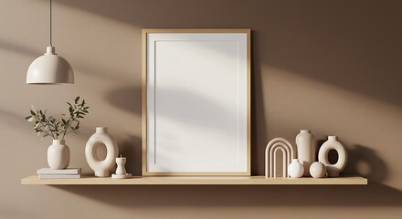 Modern scandinavian shelf decor with blank picture frame and pendant light