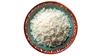 A top view of a bowl full of cooked white rice with a decorative rim against a black background