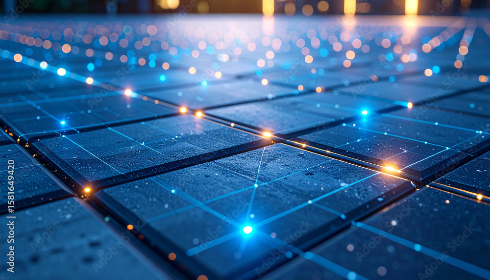 Poster digital network grid: an abstract image depicting a futuristic digital network grid with glowing blu