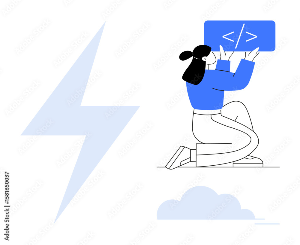 Poster person kneeling and holding a coding sign, lightning bolt symbol and cloud motif. ideal for coding, 