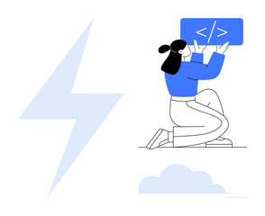 Person kneeling and holding a coding sign, lightning bolt symbol and cloud motif. Ideal for coding, technology, programming, IT services, energy, cloud computing, simple landing page