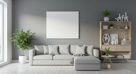 Modern living room with a white sectional sofa and a blank canvas on the wall