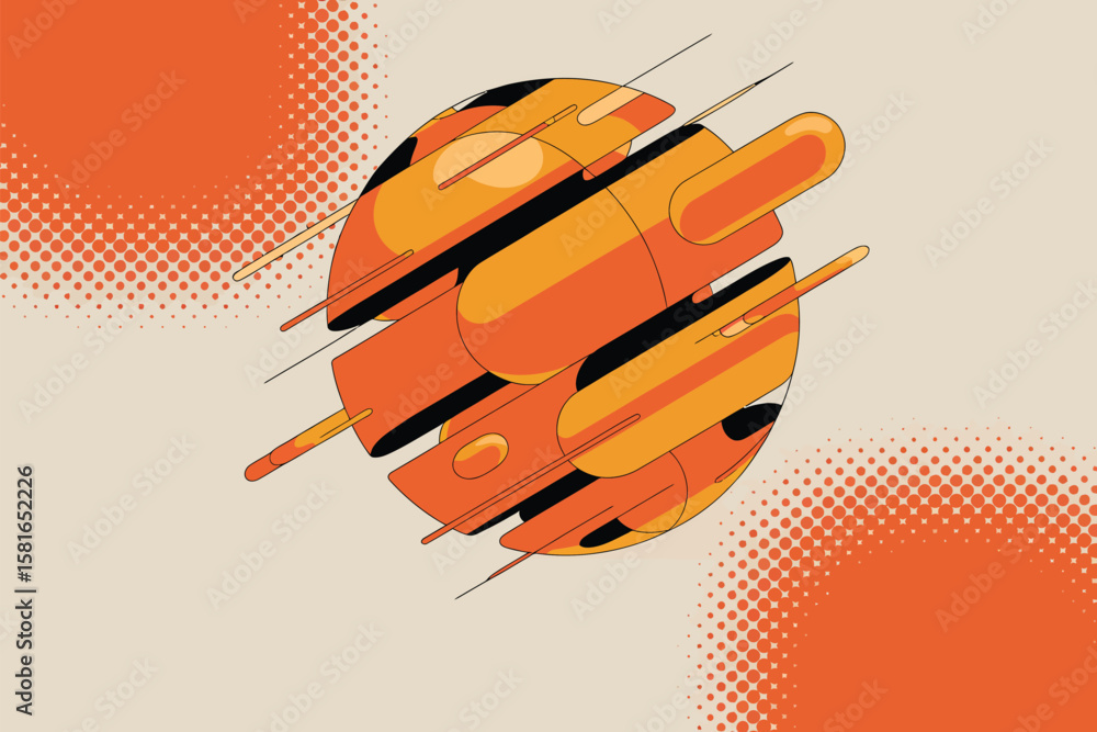 Fototapete abstract vector art featuring retro design with orange sphere and halftone elements creates a dynami
