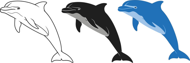 Naklejka premium Three dolphin illustrations show variations in line, silhouette, and color