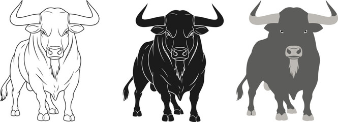 Strong bull illustration with line art, silhouette, and color version