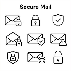 Set of secure mail outline icons with locked email, padlock, shield, warning message, virus email, and open lock security symbols