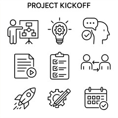 Set of project kickoff outline icons with presentation board, idea bulb, checklist, rocket launch, planning document, teamwork, and calendar