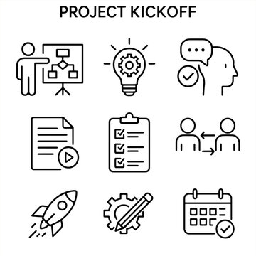 Set of project kickoff outline icons with presentation board, idea bulb, checklist, rocket launch, planning document, teamwork, and calendar