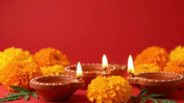 Lit diyas amidst orange and yellow marigolds on a red surface