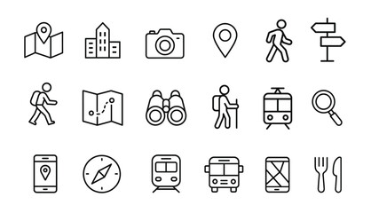 Set of travel and navigation outline icons with map, location pin, compass, transportation, hiking, camera, binoculars, and smartphone navigation