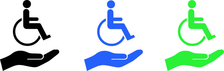 Three hands holding wheelchair accessibility symbols in diverse colors