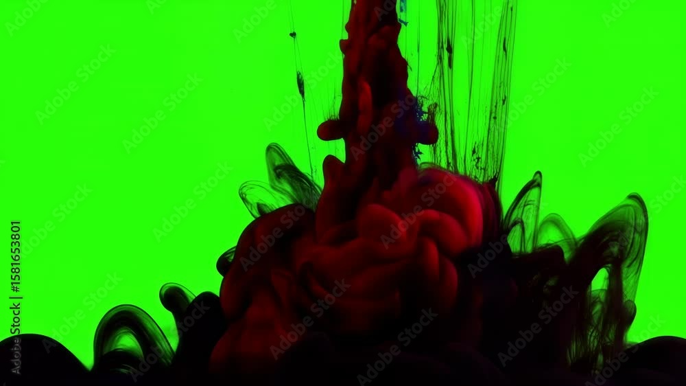 Poster a vibrant display of blue and black ink merging and swirling in water against a bright green backgro